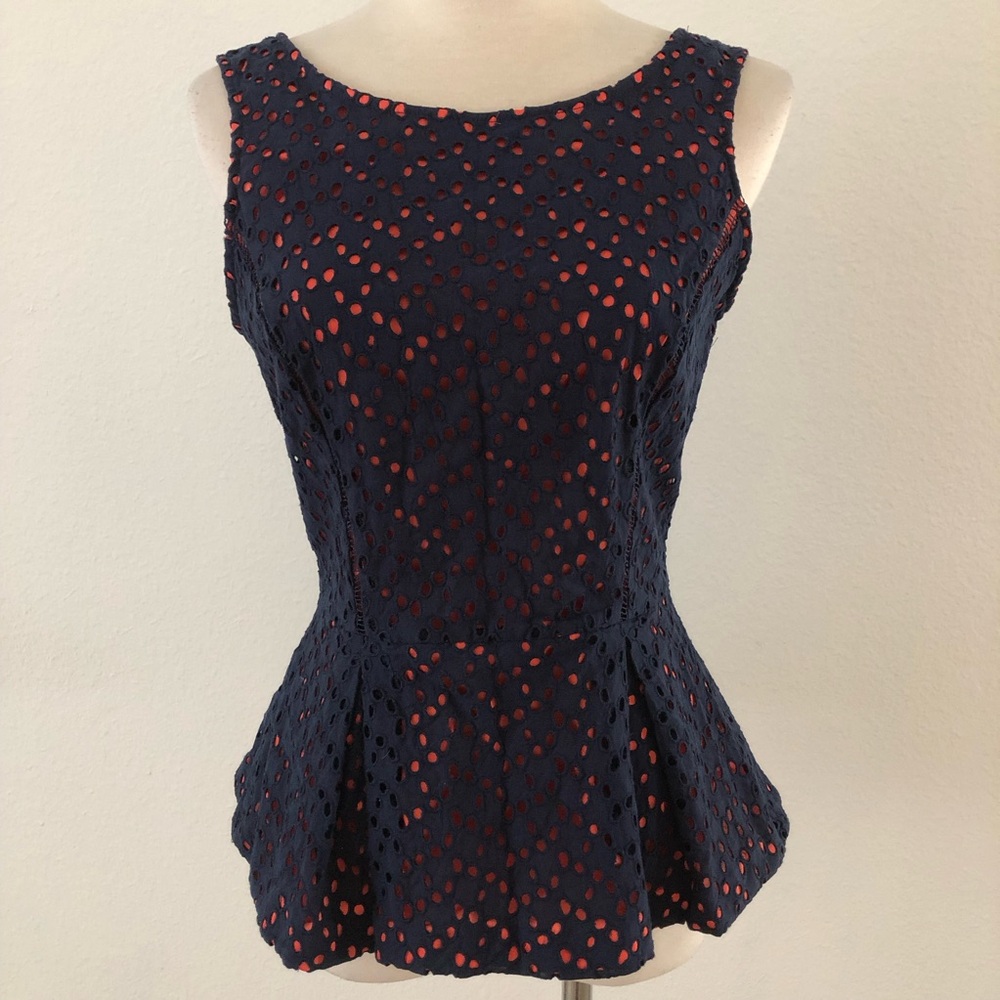 Gianni Bini Women’s Navy Blue Eyelet Lace Peplum Coral Lining Sleeveless